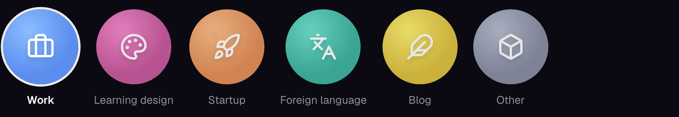 Focus direction picker in Focus Limit: Work, Learning design, Startup, Foreign language, Blog