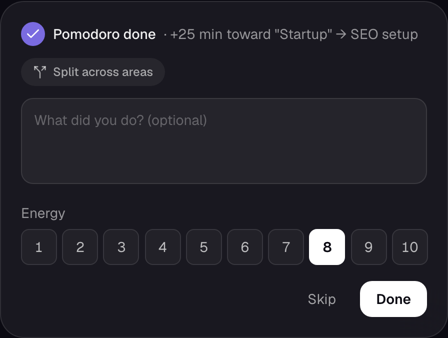 The «Pomodoro done» screen in Focus Limit with a focus-quality rating from 1 to 10